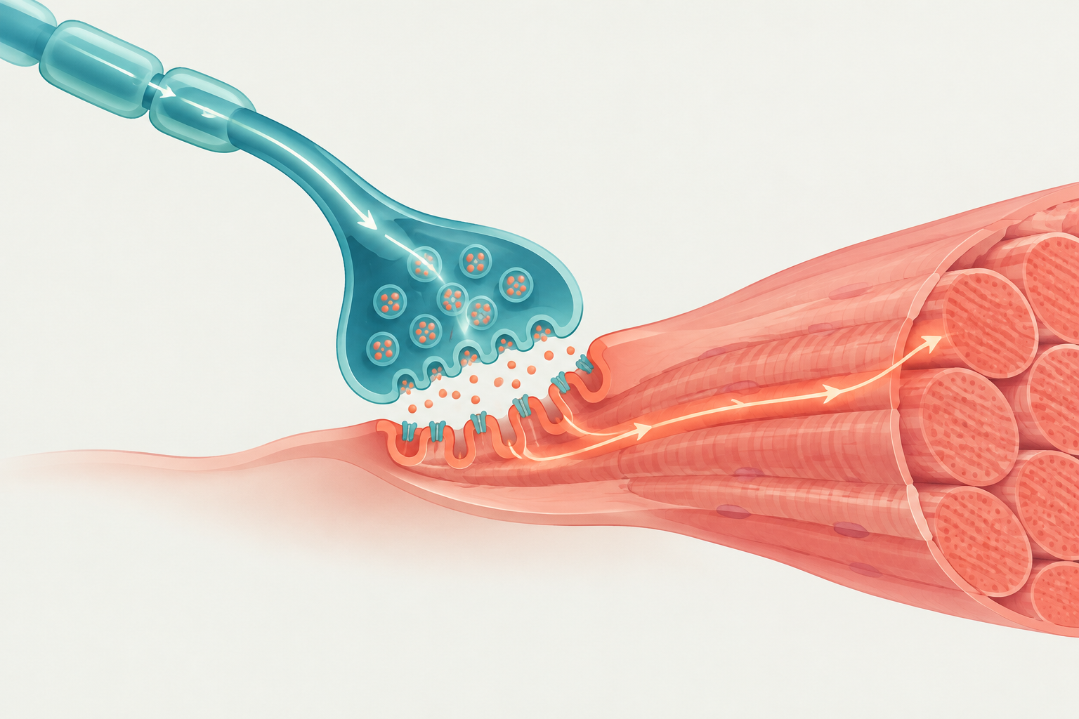 Abstract illustration of a nerve signal meeting muscle fibers, with the neuromuscular junction and muscle pathways highlighted separately.