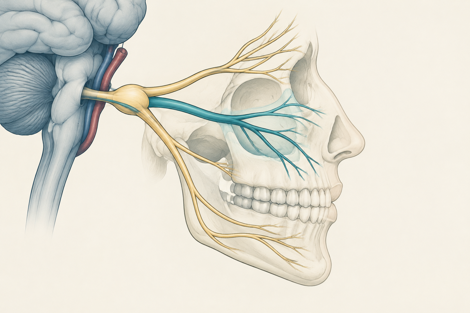 Editorial illustration of the trigeminal nerve and its V2 branch, with a nearby vessel shown alongside the nerve root without deforming it.
